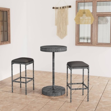 Set mobilier bar de grădină, cu perne, 3 piese, gri, poliratan - Img 1