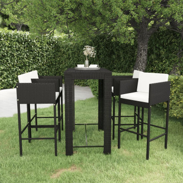 Set mobilier bar de grădină cu perne, 5 piese, negru, poliratan - Img 1