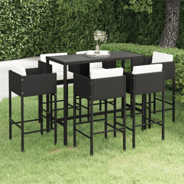 Set mobilier bar de grădină cu perne, 7 piese, negru, poliratan - Img 1