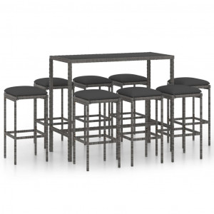 Set mobilier bar de grădină cu perne, 9 piese, gri, poliratan - Img 1