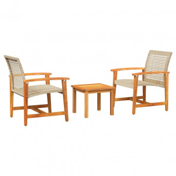 Set mobilier bistro, 3 piese, poliratan bej/lemn de acacia - Img 2