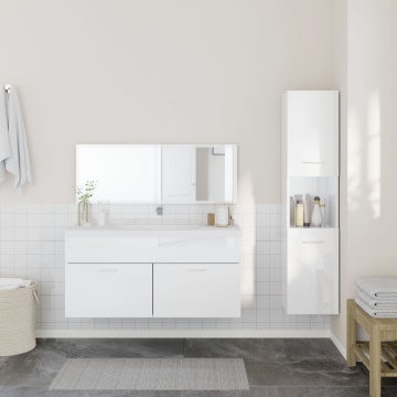 Set mobilier de baie, 3 piese, alb extralucios, lemn compozit - Img 3