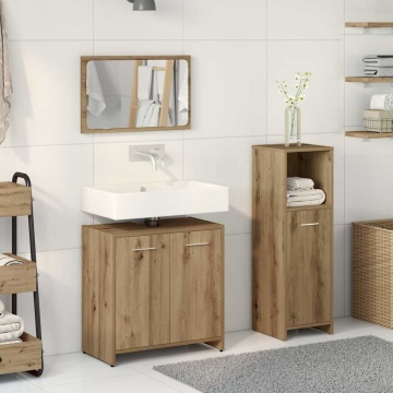 Set mobilier de baie, 3 piese, stejar artizanal, lemn prelucrat - Img 3
