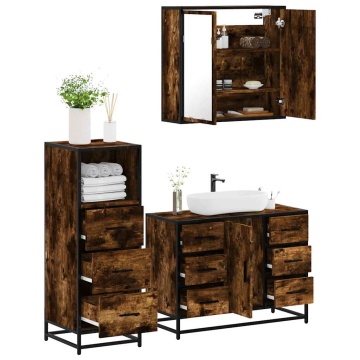 Set mobilier de baie, 3 piese, stejar fumuriu, lemn prelucrat - Img 1