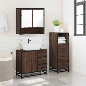 Set mobilier de baie, 3 piese, stejar maro, lemn prelucrat - Img 4