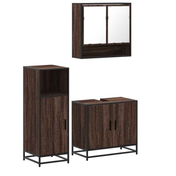 Set mobilier de baie, 3 piese, stejar maro, lemn prelucrat - Img 2