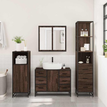 Set mobilier de baie, 3 piese, stejar maro, lemn prelucrat - Img 4