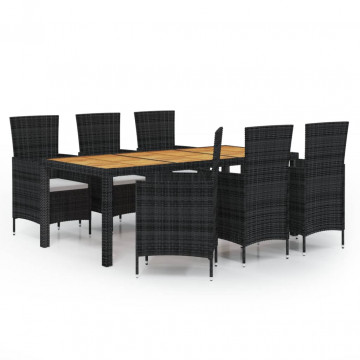 Set mobilier de exterior cu perne, 7 piese, negru, poliratan - Img 2