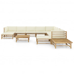 Set mobilier de grădină, 12 piese, perne alb crem, bambus - Img 2