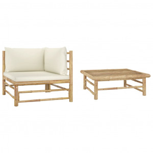Set mobilier de grădină, 2 piese, perne alb crem, bambus - Img 1
