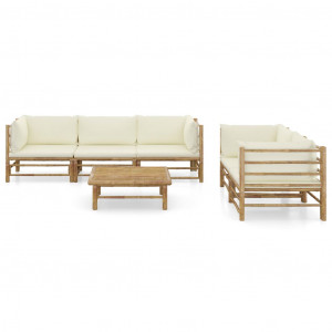 Set mobilier de grădină, 6 piese, perne alb crem, bambus - Img 2
