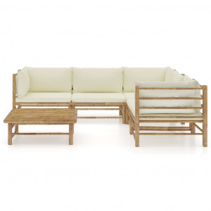 Set mobilier de grădină, 6 piese, perne alb crem, bambus - Img 2