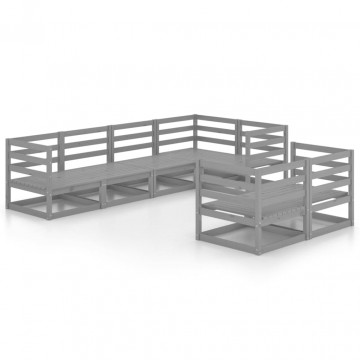 Set mobilier de grădină, 7 piese, gri, lemn masiv de pin - Img 2
