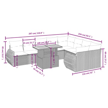 Set mobilier de grădină cu perne, 10 piese, gri, poliratan - Img 3
