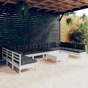 Set mobilier de grădină cu perne, 11 piese, alb lemn masiv pin - Img 1