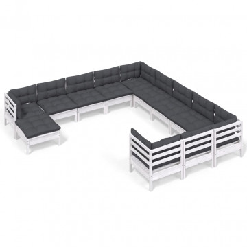 Set mobilier de grădină cu perne, 12 piese, alb, lemn de pin - Img 2