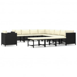 Set mobilier de grădină cu perne, 12 piese, negru, poliratan - Img 1