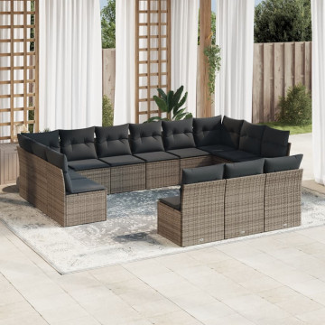 Set mobilier de grădină cu perne, 13 piese, gri, poliratan - Img 1