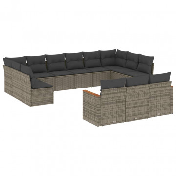 Set mobilier de grădină cu perne, 13 piese, gri, poliratan - Img 2