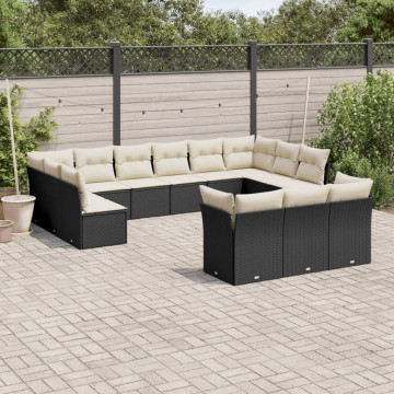 Set mobilier de grădină cu perne, 13 piese, negru, poliratan - Img 1