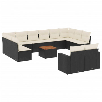 Set mobilier de grădină cu perne, 13 piese, negru, poliratan - Img 2