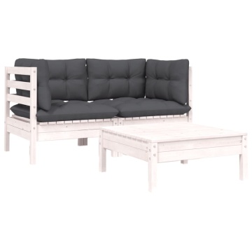 Set mobilier de grădină cu perne, 3 piese, alb, lemn masiv pin - Img 2