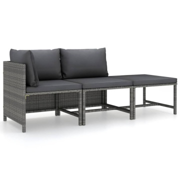 Set mobilier de grădină cu perne, 3 piese, gri, poliratan - Img 2