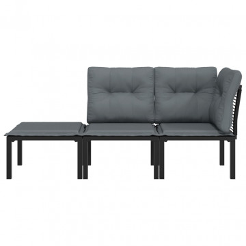 Set mobilier de grădină cu perne, 3 piese, negru/gri, poliratan - Img 3