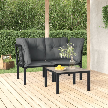 Set mobilier de grădină cu perne, 3 piese, negru/gri, poliratan - Img 1