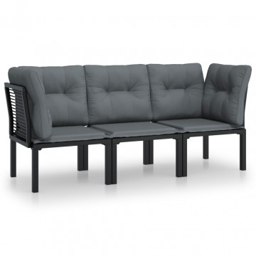 Set mobilier de grădină cu perne, 3 piese, negru/gri, poliratan - Img 2