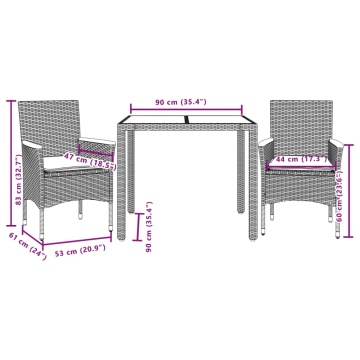 Set mobilier de grădină cu perne 3 piese negru poliratan&sticlă - Img 6