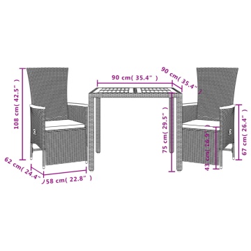 Set mobilier de grădină cu perne, 3 piese, negru, poliratan - Img 6