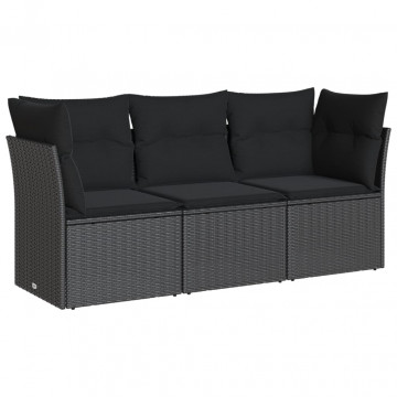 Set mobilier de grădină cu perne, 3 piese, negru, poliratan - Img 2
