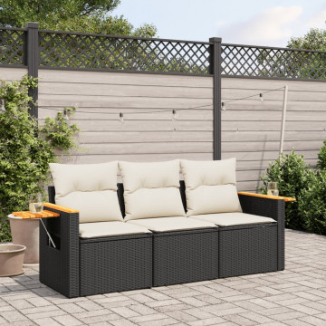 Set mobilier de grădină cu perne, 3 piese, negru, poliratan - Img 1