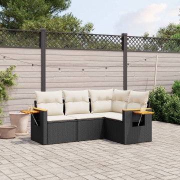 Set mobilier de grădină cu perne, 4 piese, negru, poliratan - Img 1