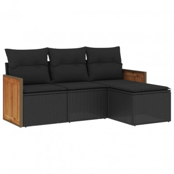 Set mobilier de grădină cu perne, 4 piese, negru, poliratan - Img 2