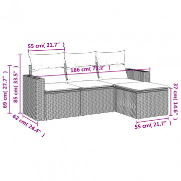 Set mobilier de grădină cu perne, 4 piese, negru, poliratan - Img 3