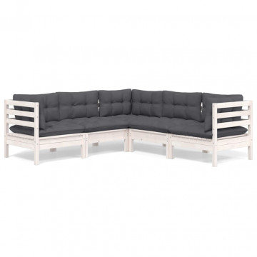 Set mobilier de grădină cu perne, 5 piese, alb, lemn masiv pin - Img 2