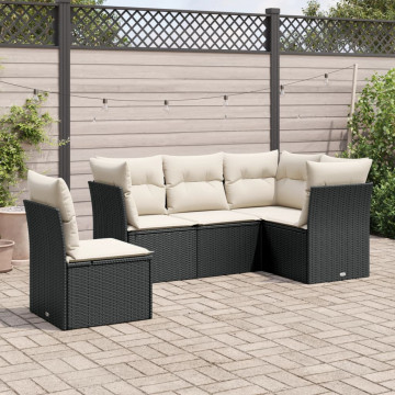 Set mobilier de grădină cu perne, 5 piese, negru, poliratan - Img 1