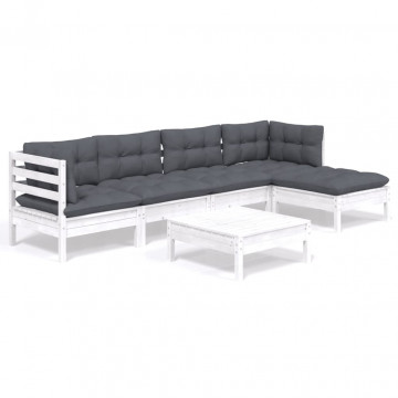 Set mobilier de grădină cu perne, 6 piese, alb, lemn de pin - Img 2