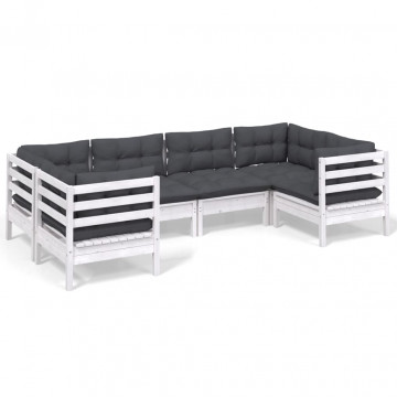 Set mobilier de grădină cu perne, 6 piese, alb, lemn de pin - Img 2