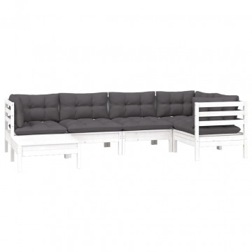 Set mobilier de grădină cu perne, 6 piese, alb, lemn masiv pin - Img 3
