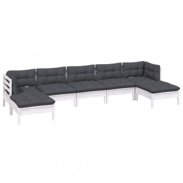 Set mobilier de grădină cu perne, 7 piese, alb, lemn de pin - Img 3