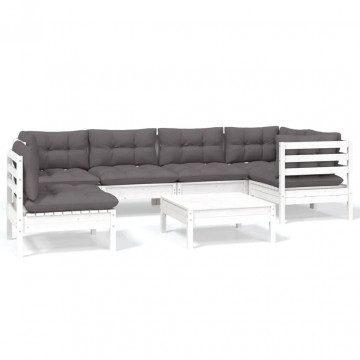 Set mobilier de grădină cu perne, 7 piese, alb, lemn de pin - Img 2