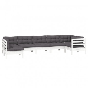 Set mobilier de grădină cu perne, 7 piese, alb, lemn de pin - Img 3