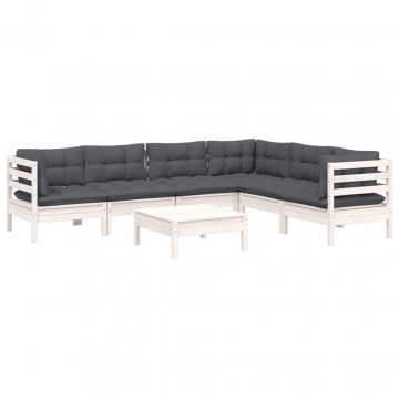 Set mobilier de grădină cu perne, 7 piese, alb, lemn masiv pin - Img 3