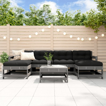 Set mobilier de grădină cu perne, 7 piese, gri, lemn masiv - Img 1