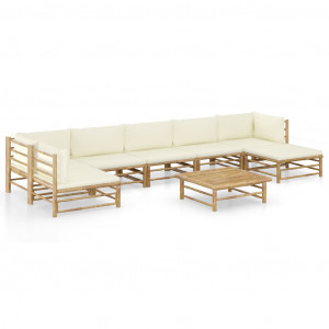 Set mobilier de grădină cu perne, 8 piese, alb crem, bambus - Img 1