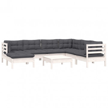 Set mobilier de grădină cu perne, 8 piese, alb, lemn masiv pin - Img 3