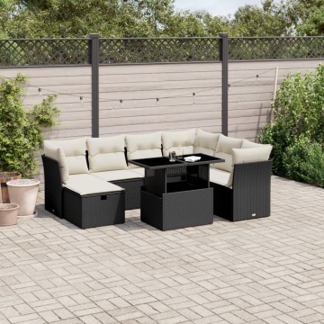 Set mobilier de grădină cu perne, 8 piese, negru, poliratan - Img 1
